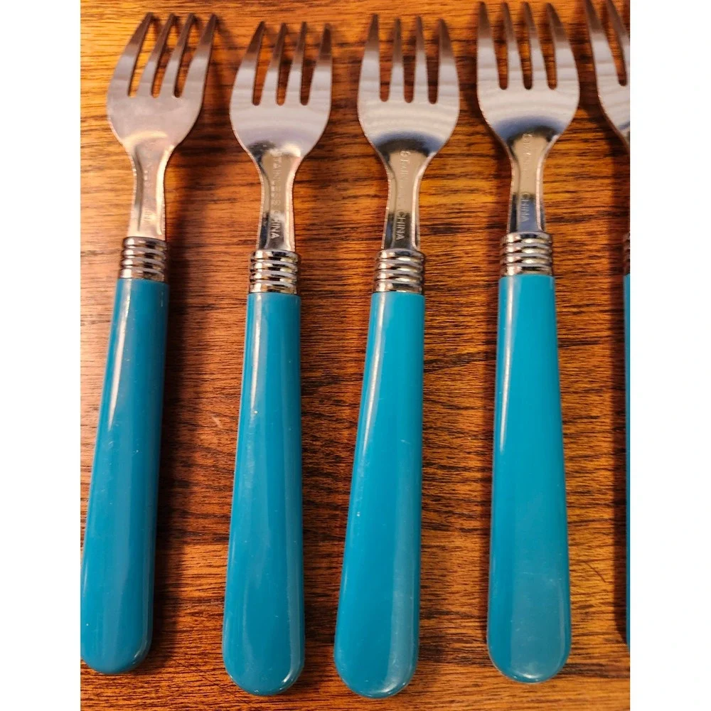 MCM Turquoise Blue 16 Piece Flatware Set Stainless Steel 8 Forks 8 Spoons Teal